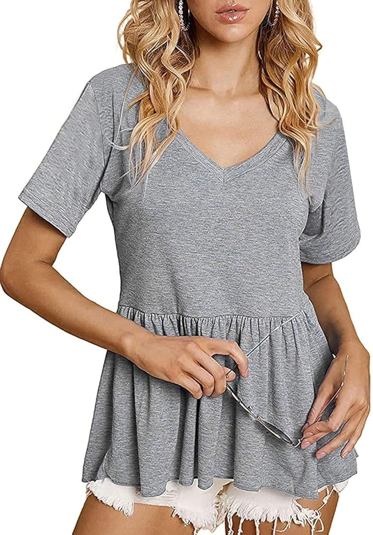 SOFIA'S CHOICE Womens Peplum Tops V Neck Loose Fit Short Sleeve Babydoll Tshirt | Amazon (US)