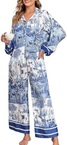 Jusfitsu Women's Silk Satin Pajama Sets for Women 2 Piece Button Down Pjs Set Oversized Long Slee... | Amazon (US)