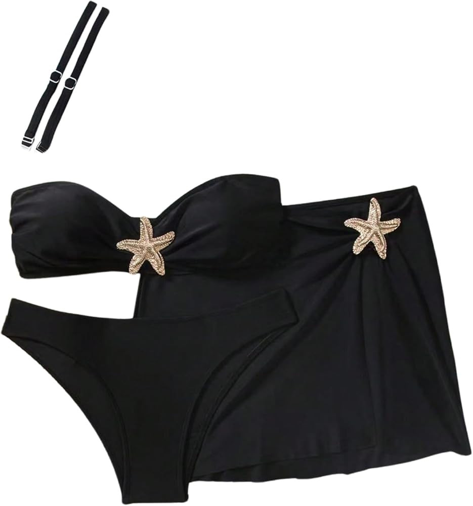 SHENHE Women's 3 Piece Bandeau Bikini Set Starfish Strapless Swimsuit with Cover Up Skirt | Amazon (US)