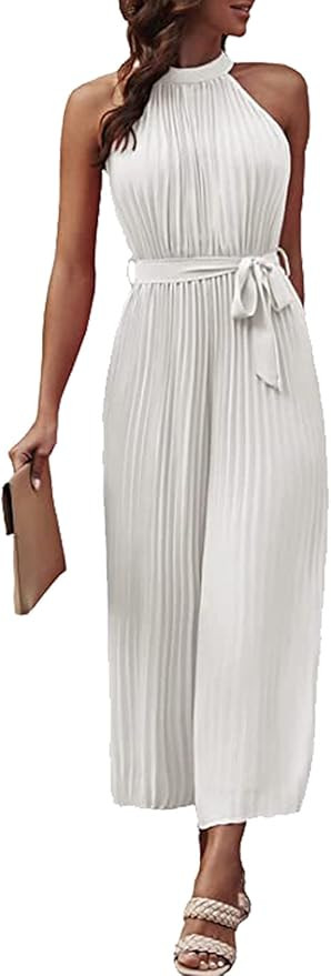 Happy Sailed Womens Halter Neck Pleated Jumpsuit Summer Sleeveless Tie Wasit Belt Wide Leg Long P... | Amazon (US)