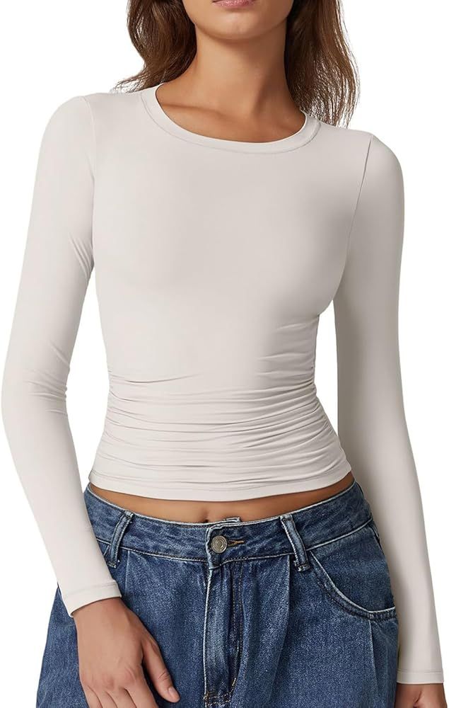 QINSEN Womens Crewneck Long Sleeve Shirt Double Lined Basic Tees Side Ruched Going Out Crop Tops | Amazon (US)