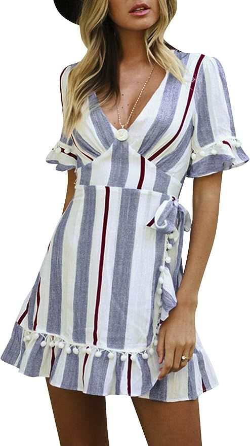 Simplee Women Sexy Deep V-Neck Short Sleeve Striped Print Mini A Line Dress | Amazon (US)