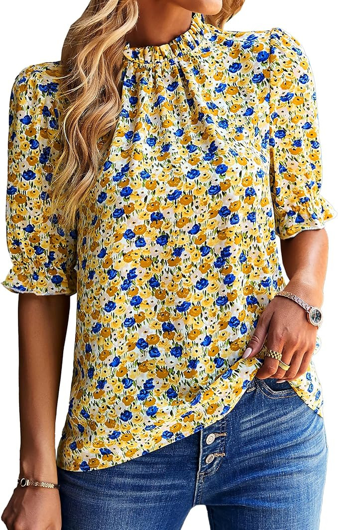 BTFBM Women's Summer Boho Shirt Top Ruffle Short Sleeve Frill Trim Mock Neck Floral Solid 2023 Ca... | Amazon (US)