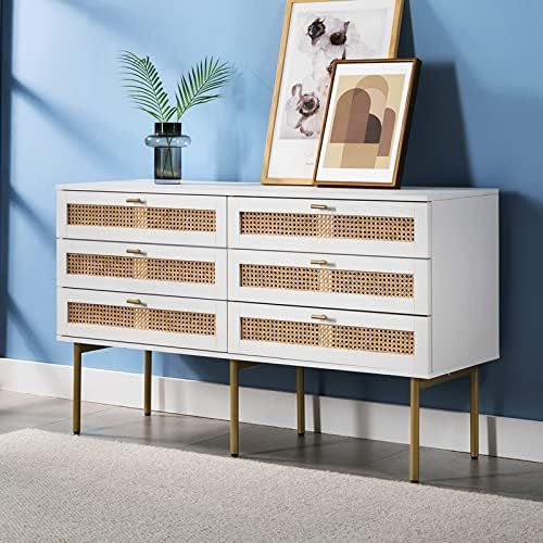 HULALA HOME Dresser for Bedroom with 6 Drawers, Wood Chest of Rattan Decorated Drawers, Boho Mid ... | Amazon (US)