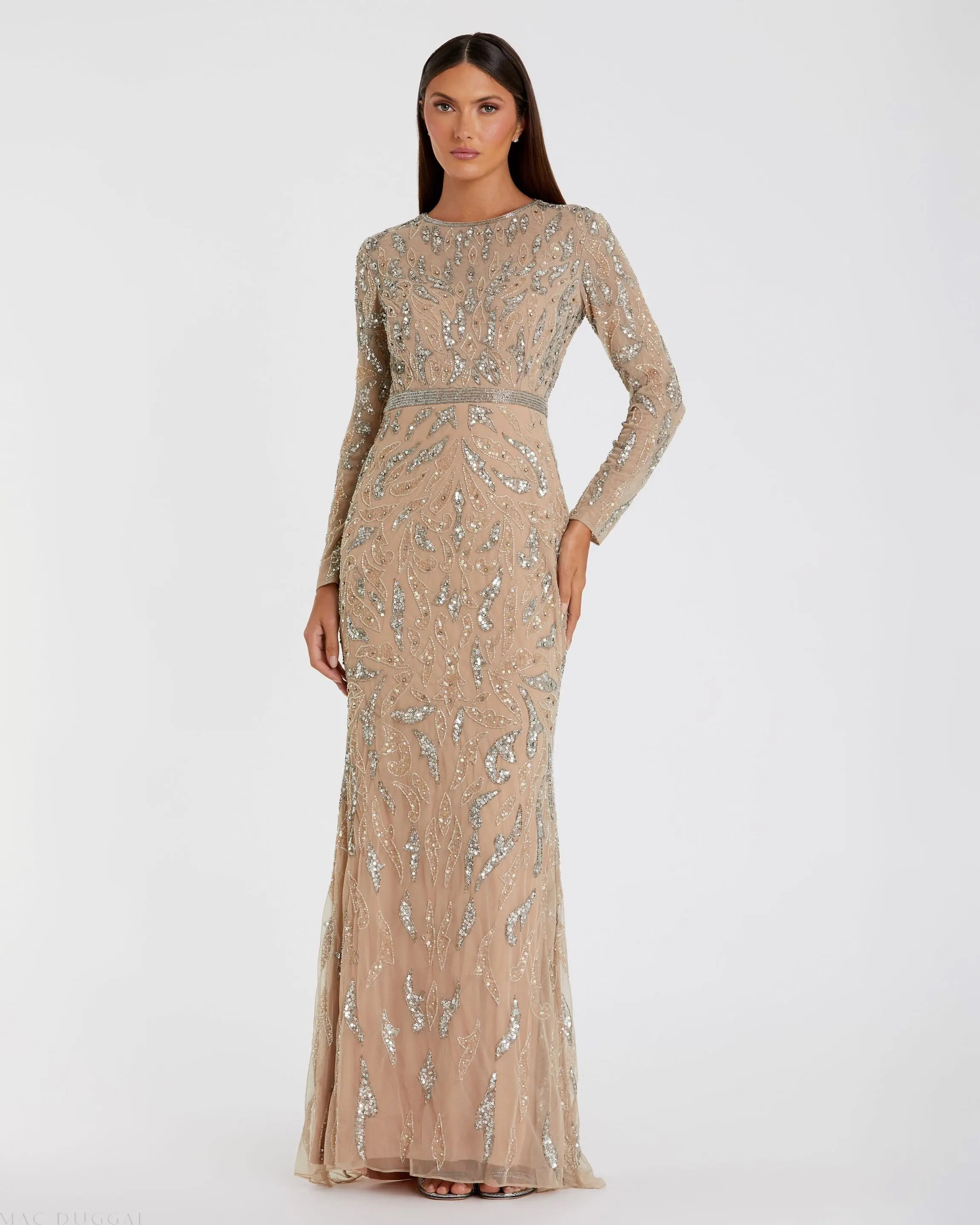 Beige Long Sleeve Beaded Evening Gown | Mac Duggal | Mac Duggal