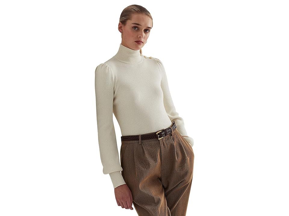 Lauren Ralph Lauren Button-Trim Mock Neck Sweater (Mascarpone Cream) Women's Clothing | Zappos