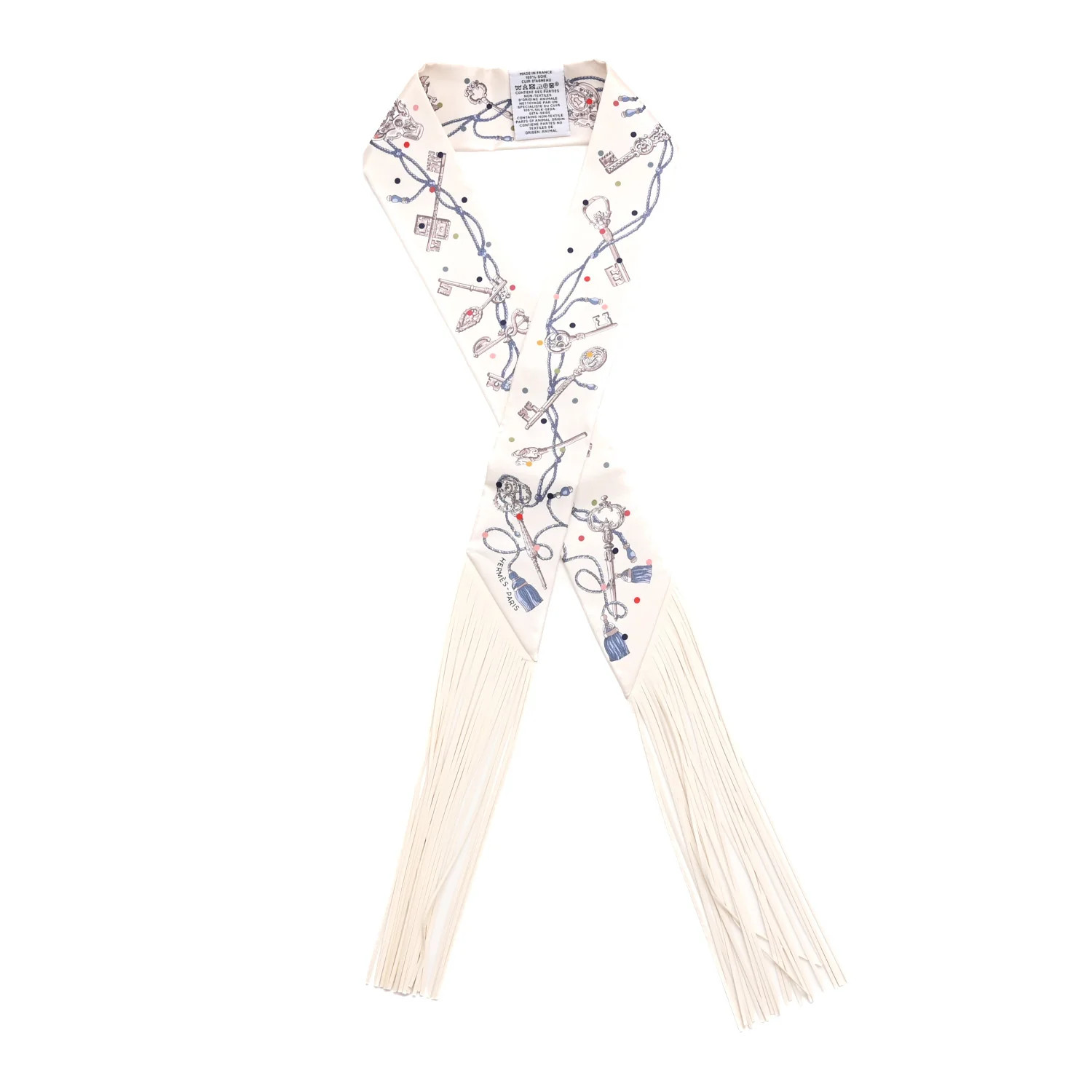 Hermes Silk Calfskin Les Cles A Pois Fringed Twilly Creme Gris Perle Multicolor 1866205 | FASHIONPHILE (US)