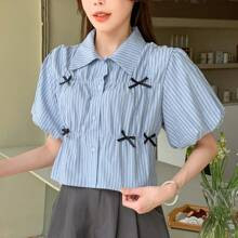 Striped Button-Down Shirt With Ruffled Puff Sleeves & Bow Tie, For Women | SHEIN
