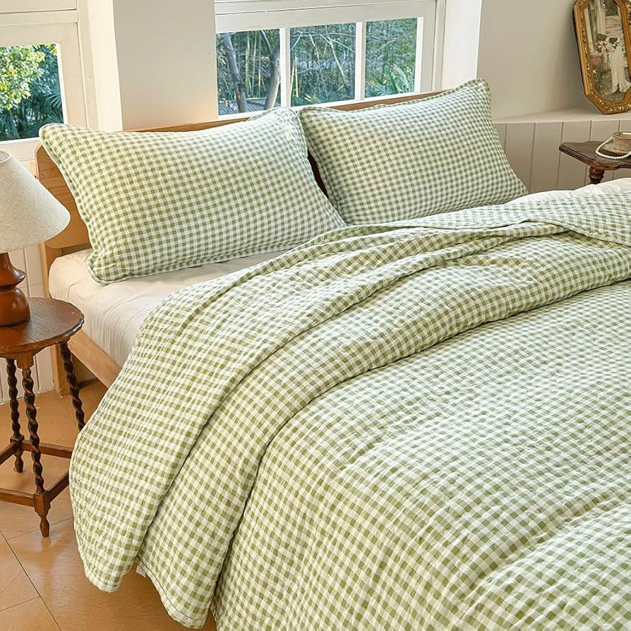 Sage Green Gingham King Quilt Set, Soft Pre-washed Microfiber Green Plaid King Bedspread, Lightwe... | Amazon (US)