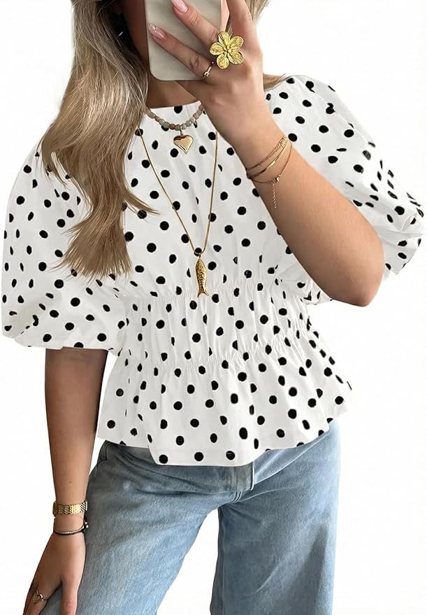 Cicy Bell Womens Polka Dots Peplum Tops Summer Puff Short Sleeve Round Neck Blouses Trendy Casual... | Amazon (US)