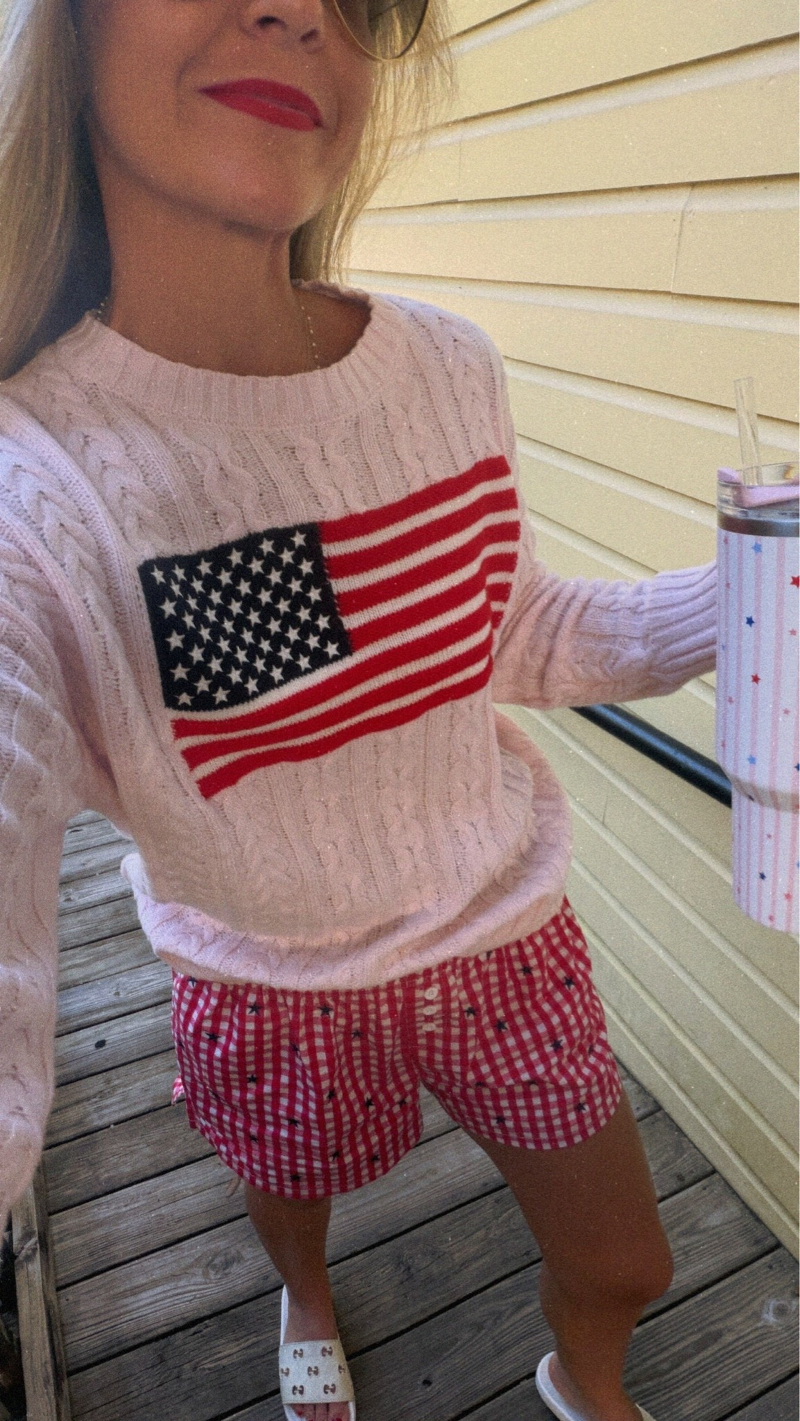 4th of July outfit. Flag sweater. Gingham shorts. Star shorts. Target style.