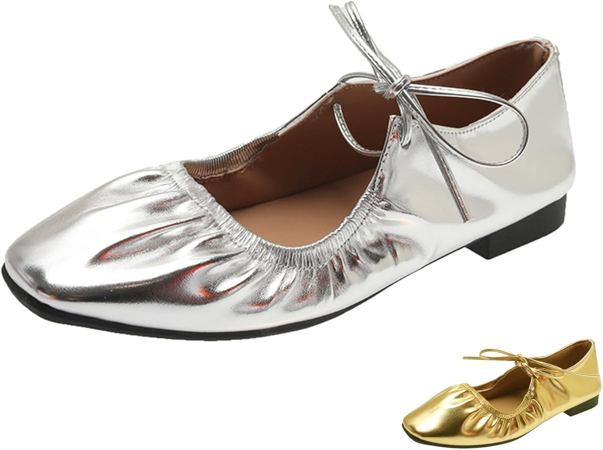 Zeberfi Women's Shiny Leather Mary Jane Flats Fashion Lace Up Closed Round Toe Shallow Mouth Ball... | Amazon (US)