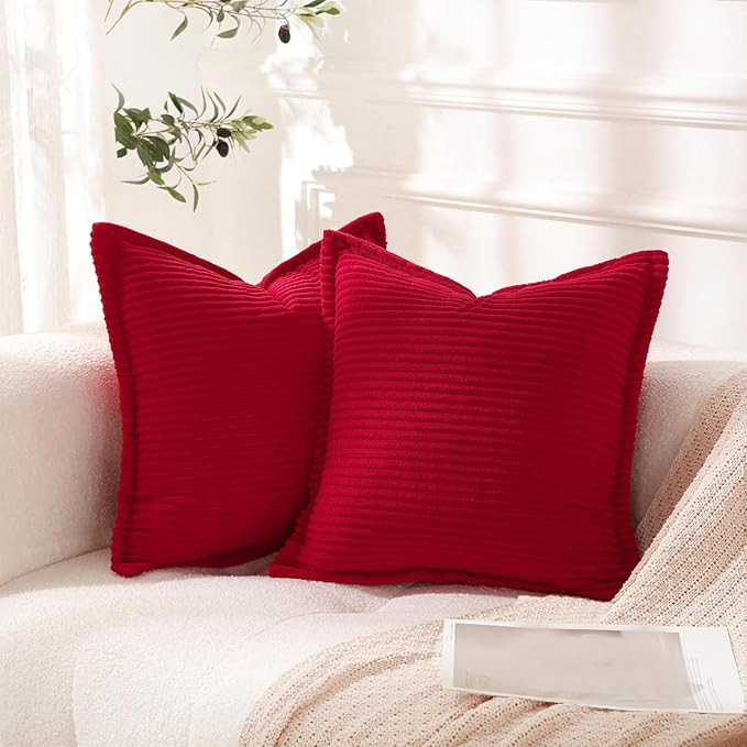 Corduroy Red Throw Pillow Covers Set of 2 Striped Boho Decorative with Edge Design,Super Soft Thr... | Amazon (US)
