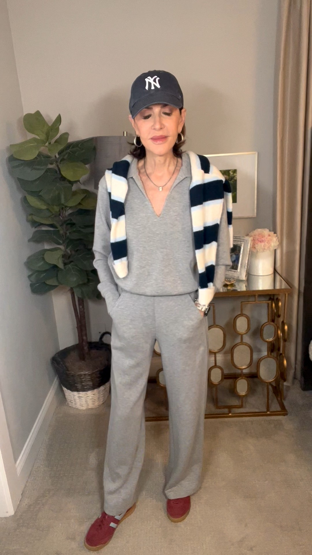 NY baseball cap, grey pullover, grey wide leg sweatpants, red sneakers, casual outfit, travel outfit, over 50 outfits 

#LTKSeasonal #LTKOver40 #LTKFindsUnder100