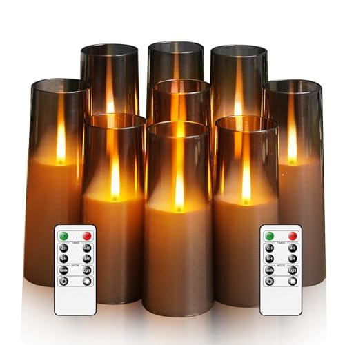 Eebuss Flickering Flameless Candles 9 Pcs, Battery Operated Candles with Remote Timer, Realistic Pillar LED Candles for Home Decor (Grey) | Amazon (US)