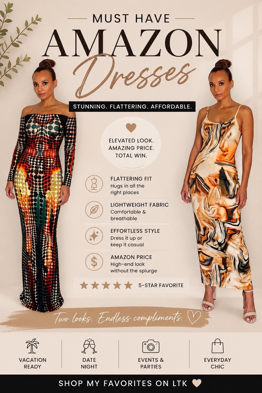 These Amazon dresses look so much more expensive than they are. 🤎✨ Bold prints, flattering silhouettes, and the kind of statement pieces that make getting dressed effortless. Perfect for vacation, dinner dates, weddings, or your next special event.

Everything is linked in my LTK! 🤍
@
#AmazonFashion #AmazonFinds #LTKFinds #AmazonDress #AffordableFashion #VacationStyle #DateNightOutfit #WeddingGuestDress #FashionOver40 #StyleInspiration
@amazonfindsandfashion

#LTKootd