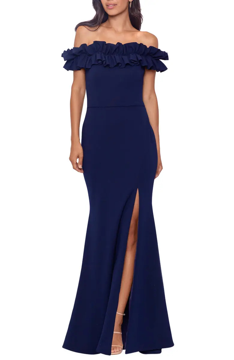 Xscape Off the Shoulder Ruffle Crepe Trumpet Gown | Nordstrom | Nordstrom Canada