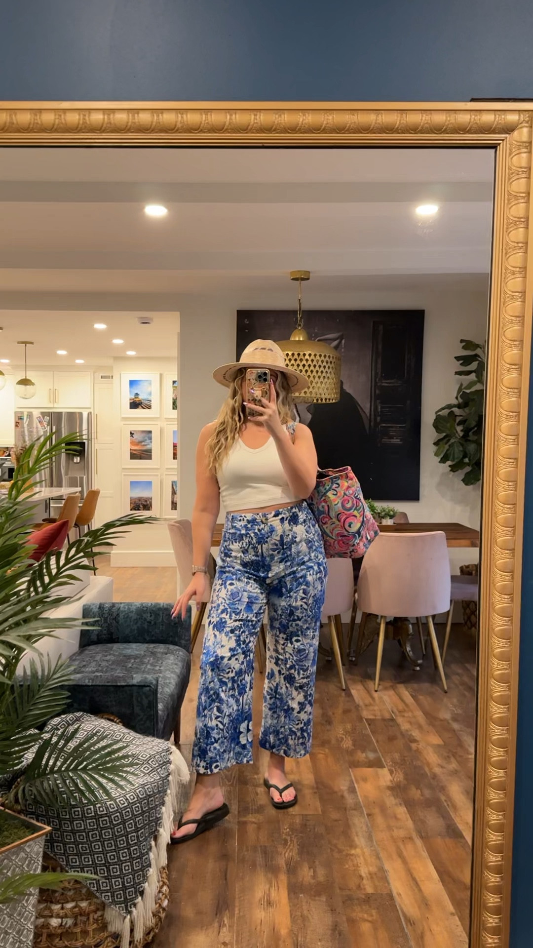 The cutest Colette pant print! Blue and white printed wide leg pants. True to size, but they stretch out. The best ribbed tank top - wearing a medium.

#LTKSeasonal #LTKMidsize #LTKStyleTip