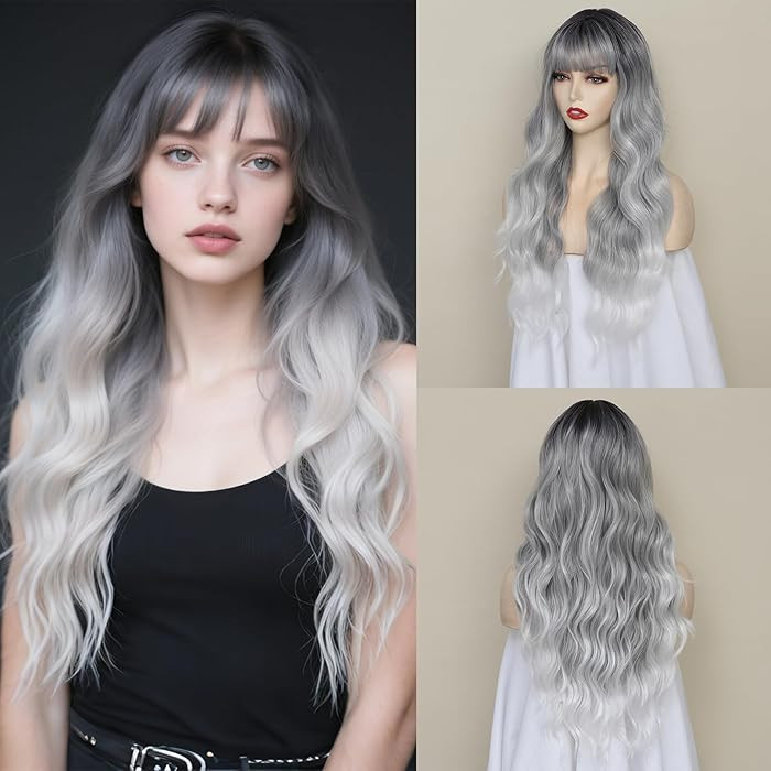 Long Grey Wavy Wig With Bangs for Women 26 Inch Ombre Gray Curly Wavy Wig With Bangs Natural Look... | Amazon (US)