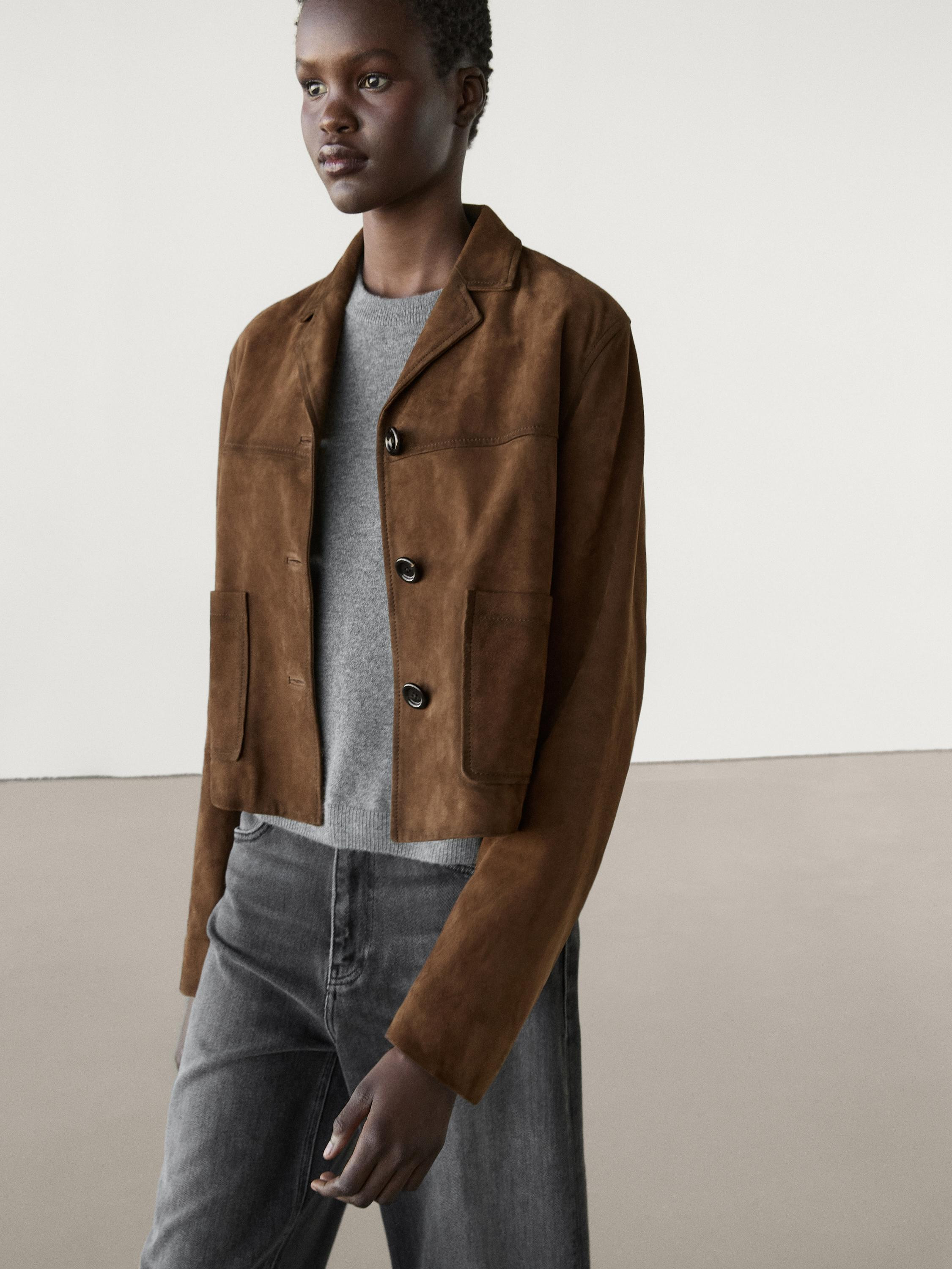Short suede leather jacket with pocket details | Massimo Dutti US