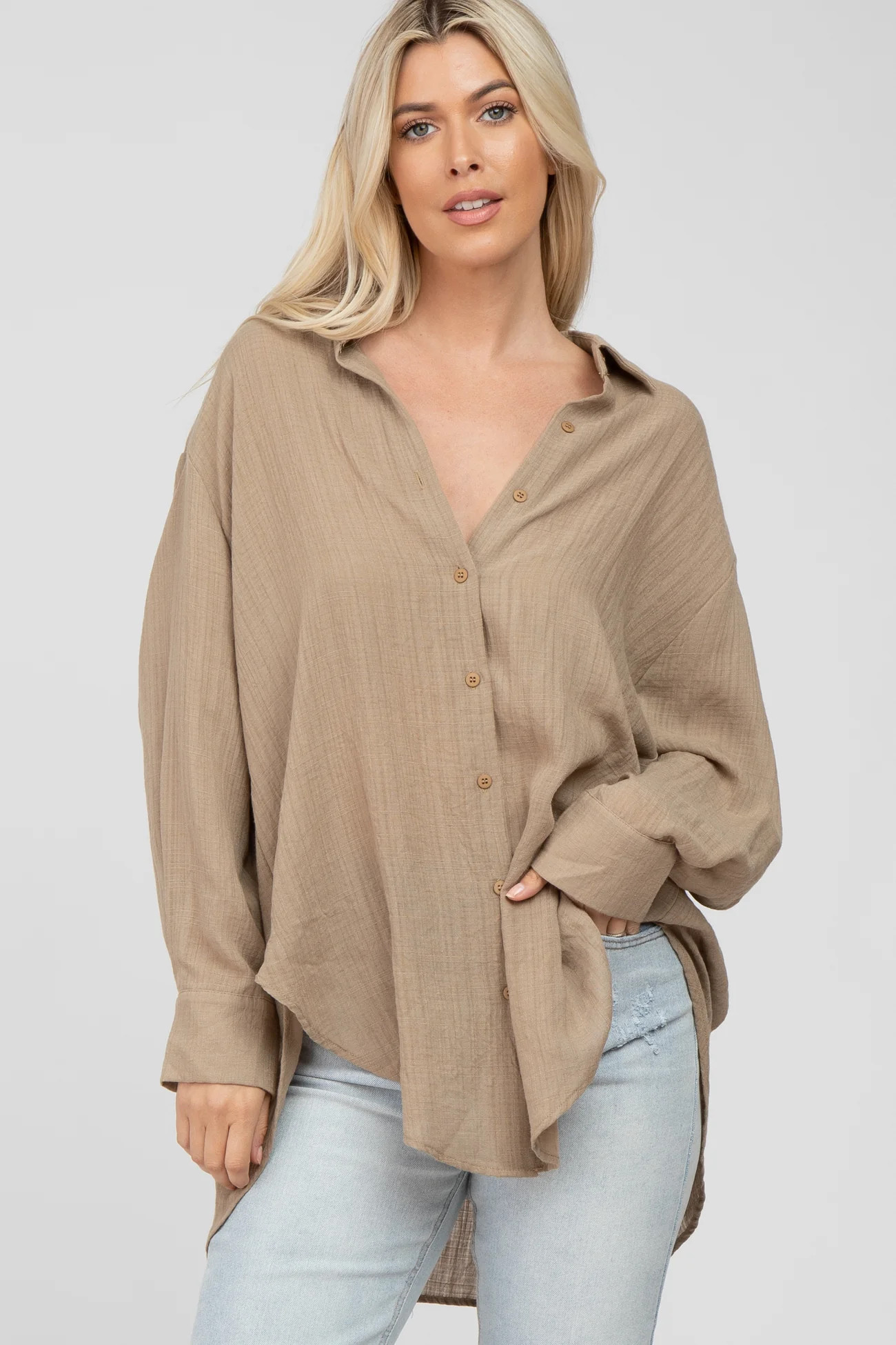 Mocha Lightweight Sheer Button Down Blouse | PinkBlush Maternity