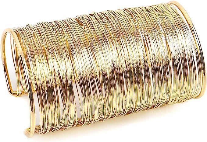 QTMY Alloy Metal Gold Thin Thread Wire Open Cuff Wide Bracelet Bangle | Amazon (US)