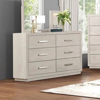 6-Drawer Transitional Dresser 62"L x 18"W x 40"H Acacia Wood, Engineered Wood 1 Piece Light Gray Dovetail Joinery with Felt-Lined Trays | Wayfair North America