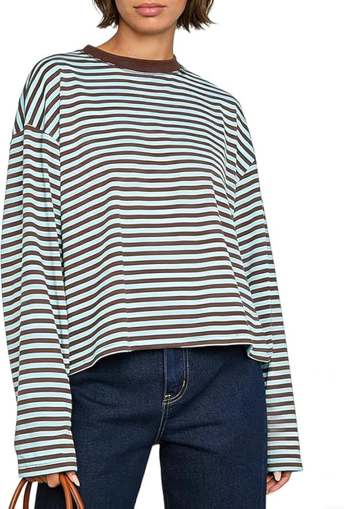 Foidiccx Striped Long Sleeve Shirt Women Y2k Oversized Crewneck Vintage Tops Fall Winter Drop Sho... | Amazon (CA)