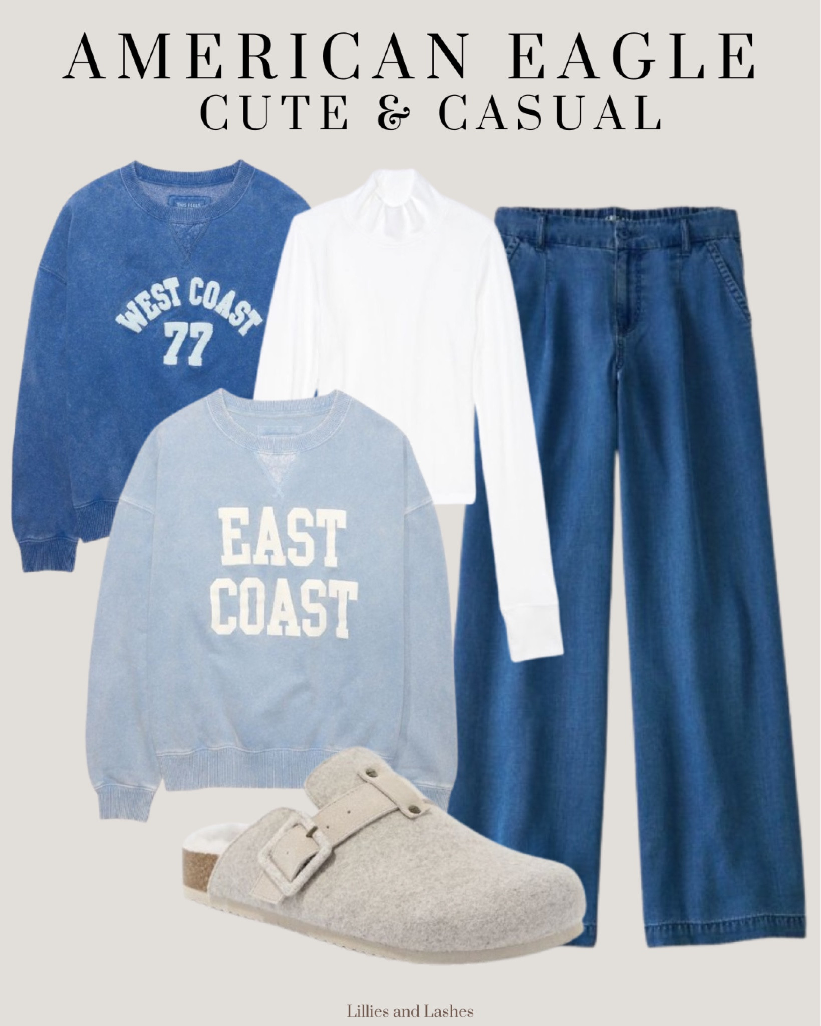 American eagle outfit idea. 

East coast sweatshirt, west coast sweatshirt, white turtleneck, as wide leg jeans

Women’s winter outfit, casual outfit idea

#LTKstyletip #LTKfindsunder100 #LTKfindsunder50