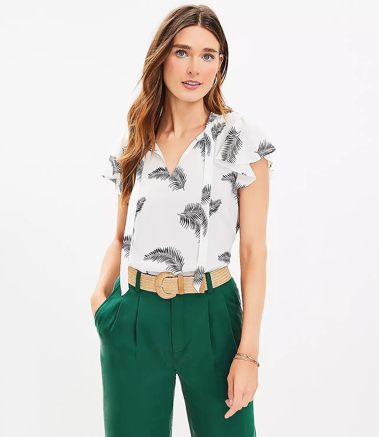 Palm Flutter Tie Neck Mixed Media Top | LOFT