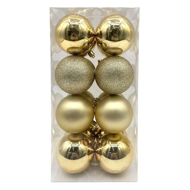 16-Count Gold Mix Shatterproof Ornaments, 70mm | At Home
