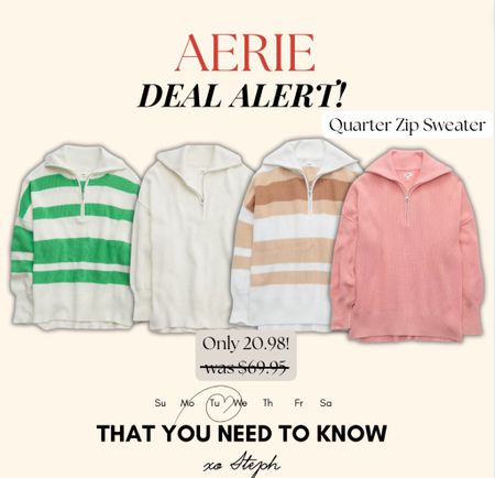 Aerie Daily Deal
Quarter zip sweater only $20.98!!

#LTKsalealert #LTKfindsunder50 #LTKSeasonal