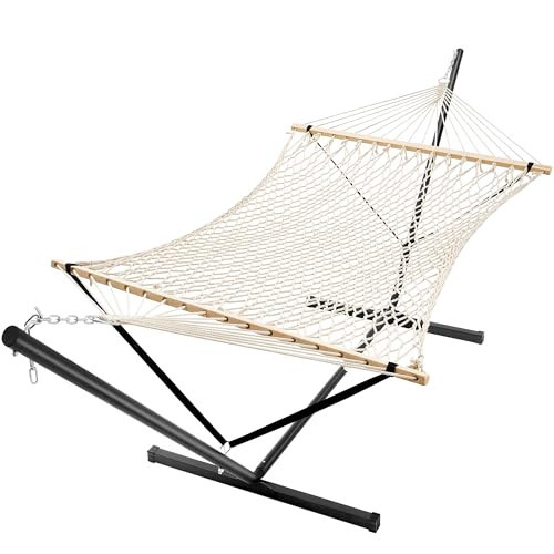 SUPERJARE 12ft Double Hammock with Stand, Soft Rope Hammock for 2 Person, Portable Heavy Duty Stand, Anti-Tip Safety Ropes, Natural Wood Spreader Bar, Outdoor Backyard Patio Camping, Beige | Amazon (US)