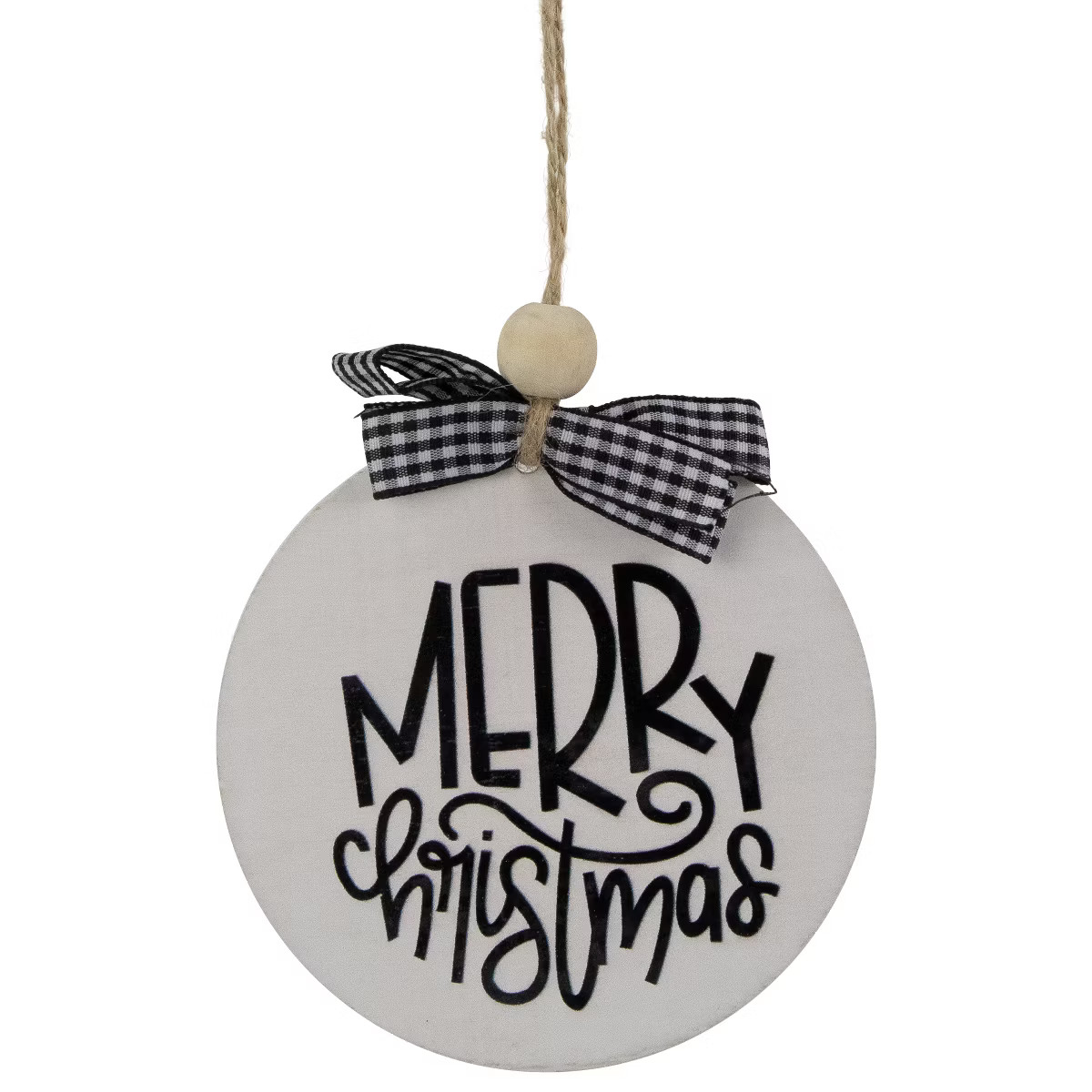 Northlight 4" Black and White Merry Christmas Ornament Wooden Disc with Plaid Bow | Target