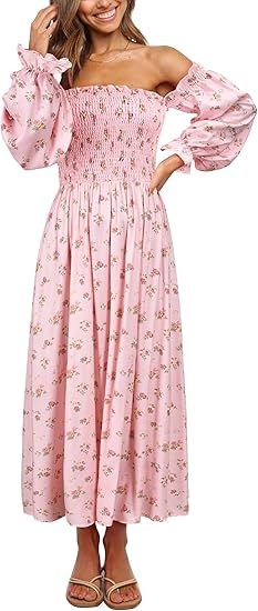 UIMLK Floral Smocked Puff Bell Lantern Sleeve Off The Shoulder Midi Long Ruffle Peasant Flowy Mat... | Amazon (US)