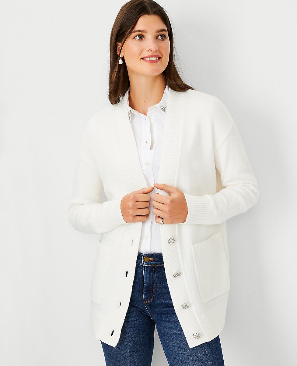 Jeweled Button Boyfriend Cardigan | Ann Taylor (US)