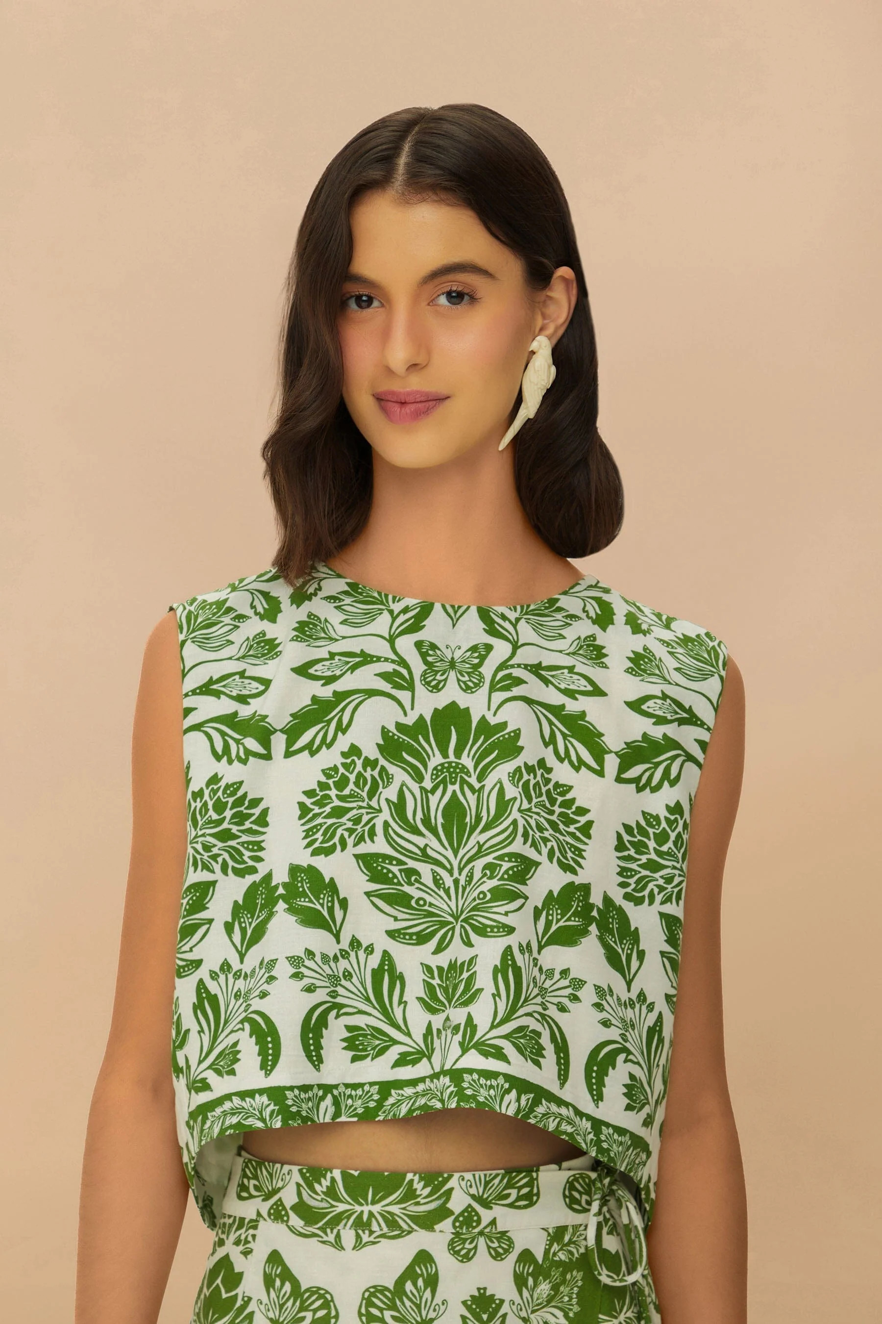 Green Delicate Tapestry LENZING™ ECOVERO™ Euroflax™ Blouse | FarmRio (US)