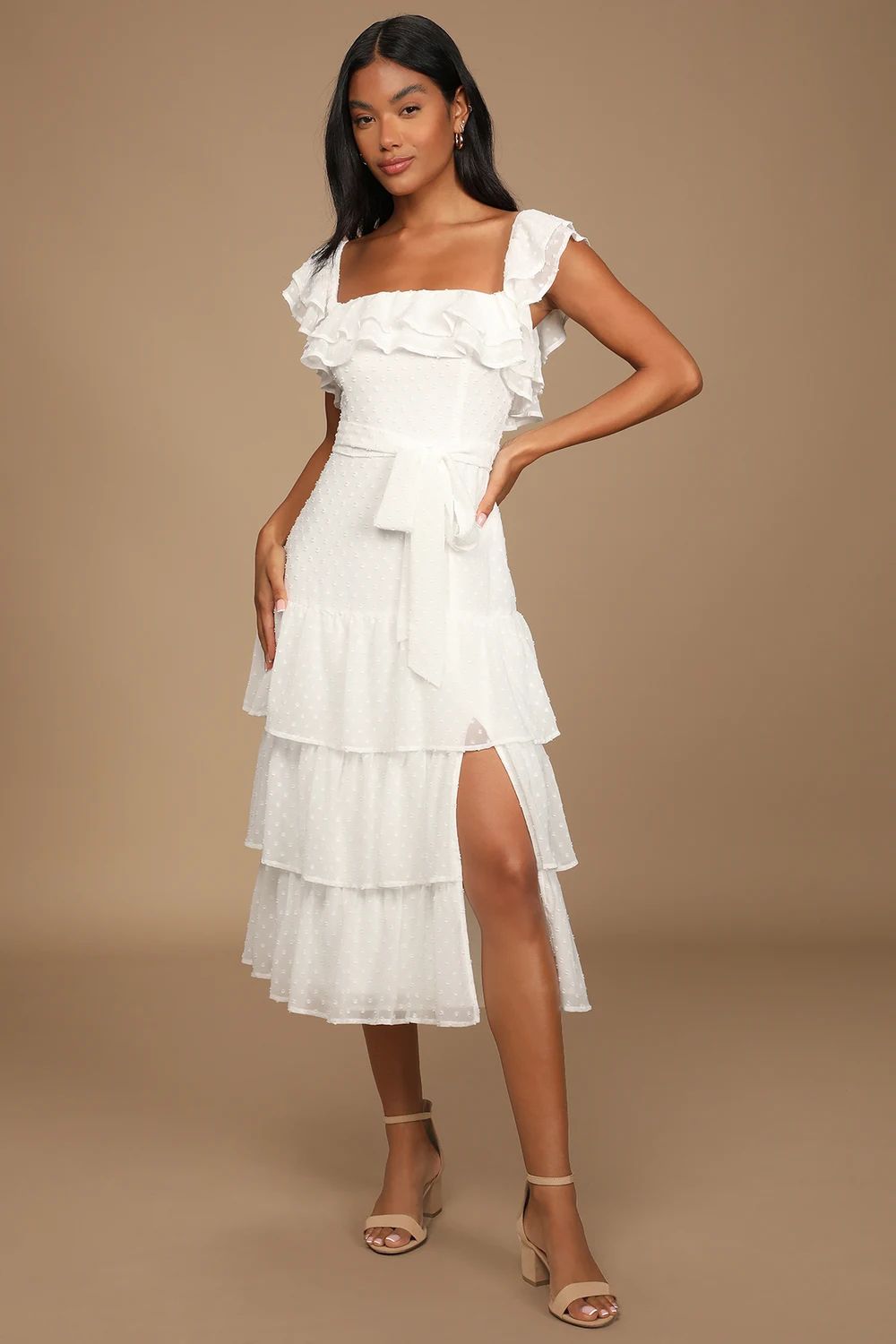 Dear To My Heart White Swiss Dot Tiered Ruffled Midi Dress | Lulus (US)
