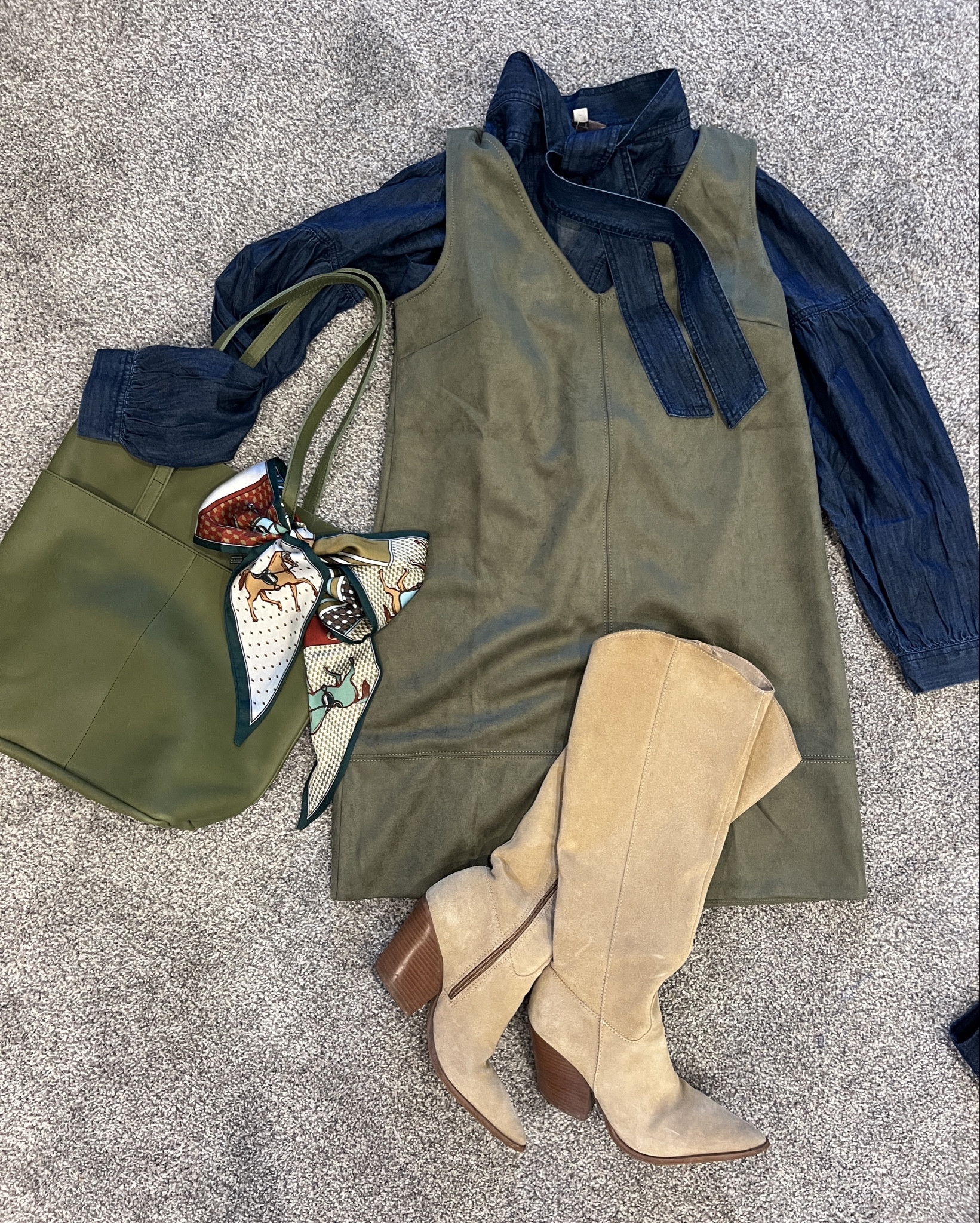 Suede is all the rage and this darling suede dress by loft couldn’t be any cuter! 

This denim elevated loft tie small balloon sleeve top by loft tts 

100% leather Selma tote by Able 
Sleek and structured 1 interior pocket and two deep exterior pockets perfect for daily use 
Hand crafter in Ethiopia Able is a Nashville brand
Comes in 3 color choices

Tall suede boots by dolce vita  last years linking this years 

Horse detail printed scarf 

#LTKWorkwear #LTKSaleAlert #LTKStyleTip