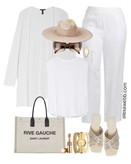 Plus Size All White Outfit with plus size white linen pants, white top, snake print sandals, straw hat, linen cardigan, and canvas tote bag. Perfect resort wear for summer vacations - Alexa Webb

#LTKPlusSize #LTKStyleTip #LTKSeasonal
