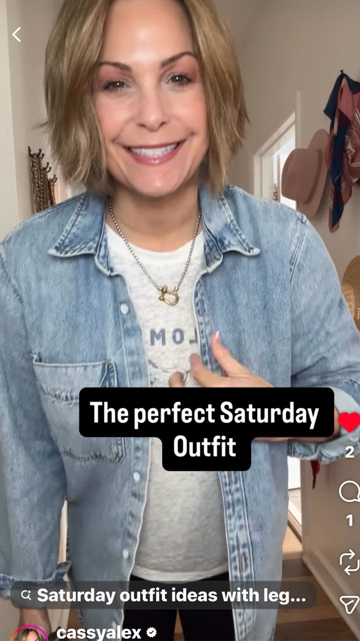Start with a basic denim shirt- this one is SO good and a great weight and so soft and affordable. Add some leggings and sunglasses and you’re good to go! ☀️☀️All linked in stories and my LTK shop. Comment “denim” and I will send you the link! #saturdayootd #classicdenim #viraldenimshirt #ltkstyletip