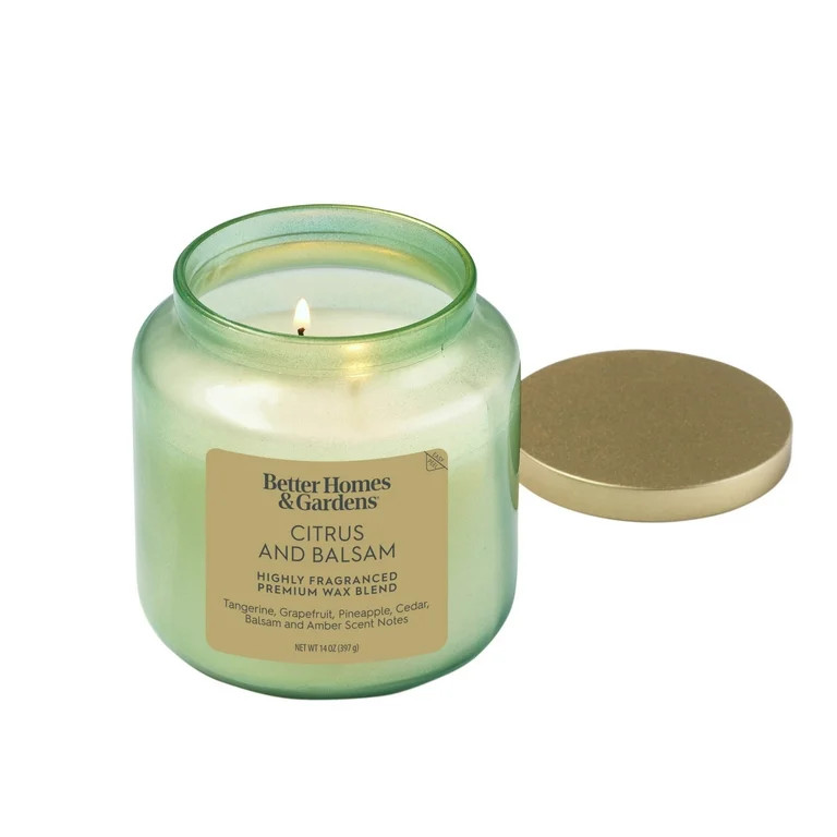 Better Homes & Gardens 2-Wick Green Glass Jar Candle with Gold Lid, Citrus & Balsam, 14oz. | Walmart (US)