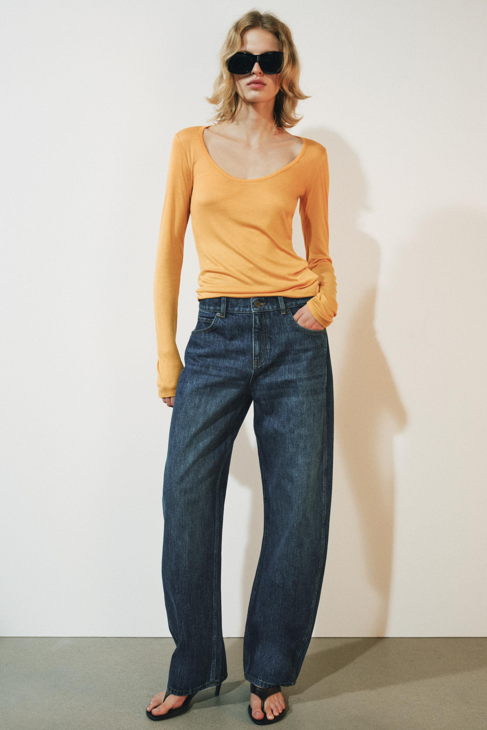 Zara - Zw Collection Curved Straight Low-Rise Jeans - Mid-Blue - 14 - Woman | Zara UK