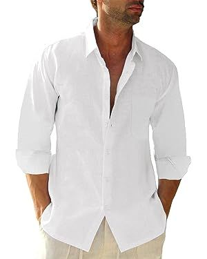 JEKAOYI Button Down Linen Shirts for Men Casual Long Sleeve Regular Fit Cotton Beach Shirts with ... | Amazon (US)