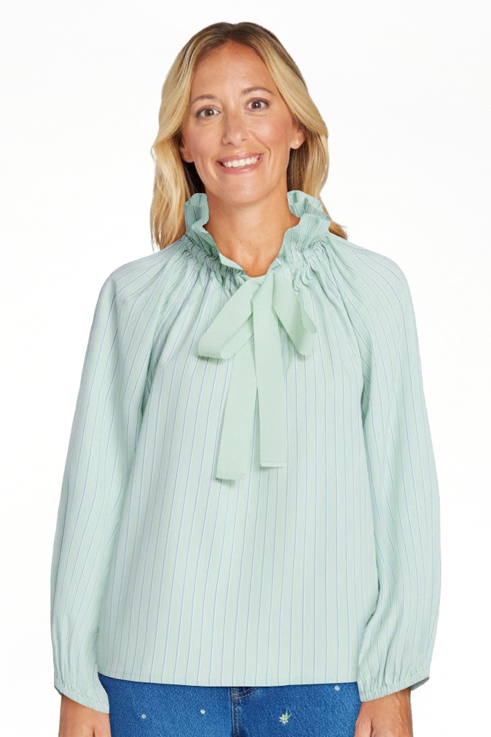 Free Assembly Women's Ruffle Tie Neck Cotton Top with Long Puff Sleeves, Sizes XS-XXL | Walmart (US)