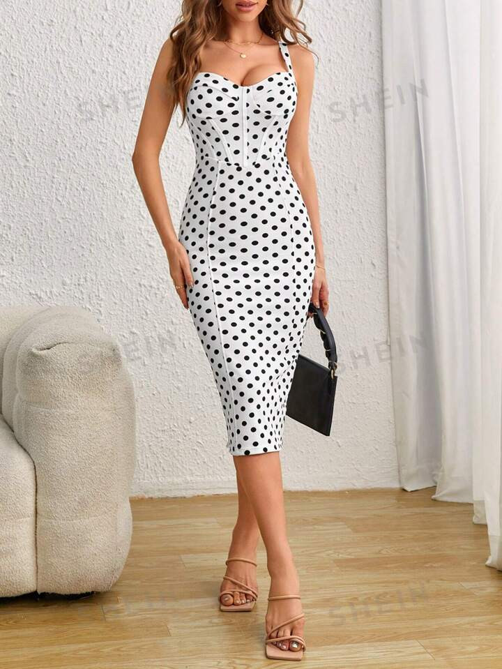 SHEIN Privé Polka Dot Print Split Back Cami Dress | SHEIN