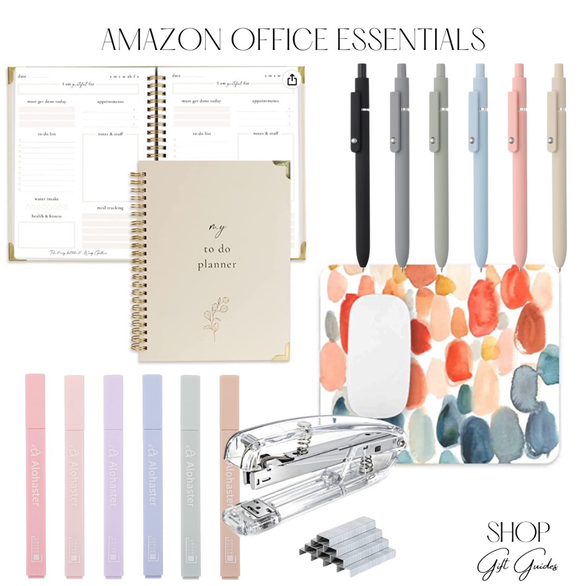 Amazon office essentials! 

To do list planner, aesthetic pens, highlighters, acrylic stapler, mouse pad, cute office accessories! 

#LTKunder50 #LTKFind #LTKhome