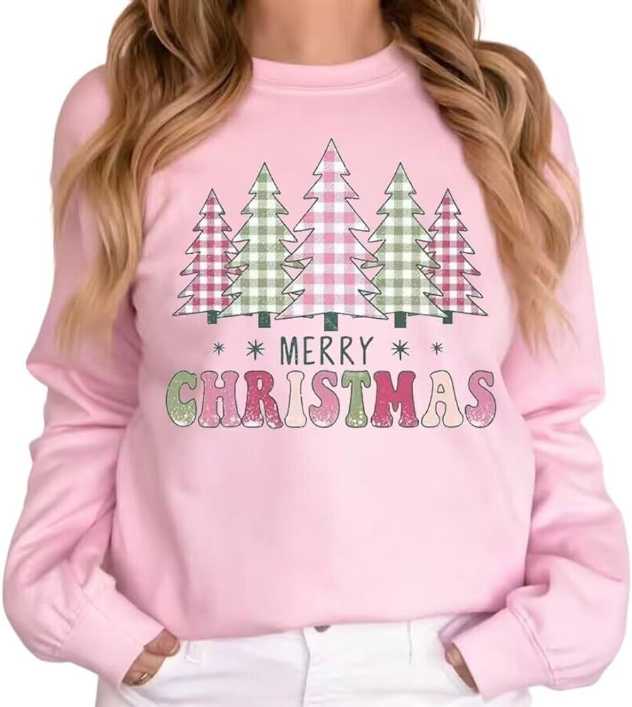 VKEGNIO Merry Christmas Sweatshirt For Women Plaid Pink Christmas Tree Cute Blouse Xmas Farm Holi... | Amazon (US)