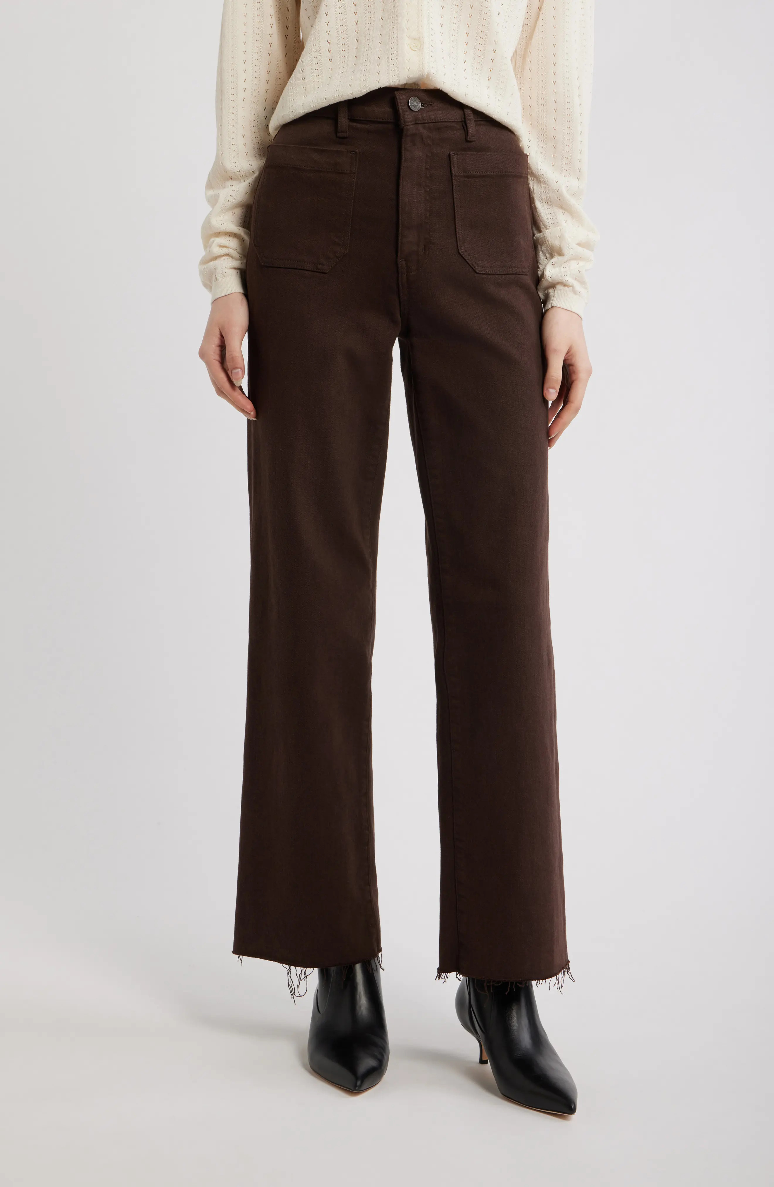 FRAME The Anchor High Waist Raw Hem Wide Leg Jeans in Chocolate Brown at Nordstrom, Size 28 | Nordstrom