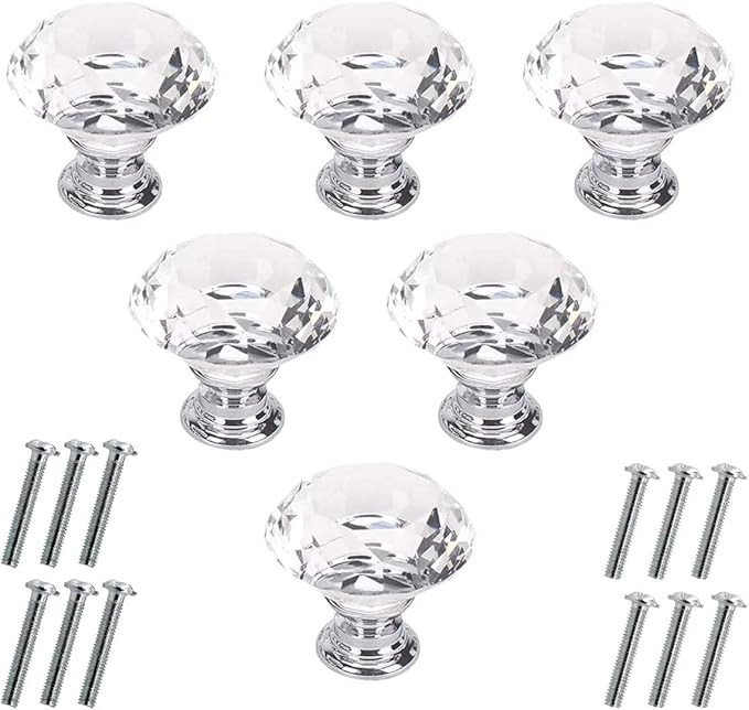 Akstore 6 Pcs Crystal Glass Cabinet Knobs 30mm Diamond Shape Drawer Kitchen Cabinets Dresser Cupb... | Amazon (US)